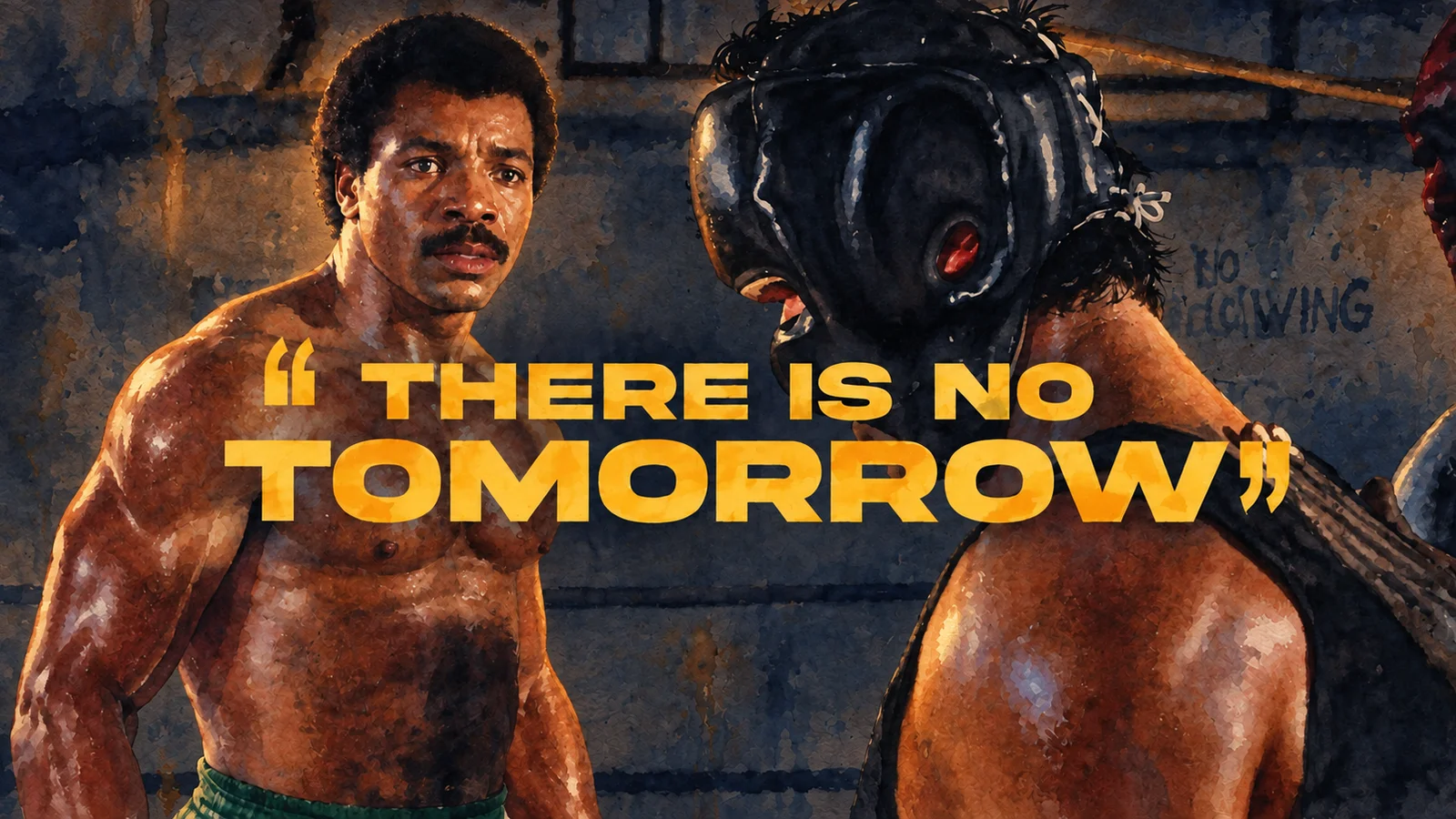 Ilustracja tuszem i akwarelą: Kadr z filmu: trening bokserski i napis „There is no tomorrow”