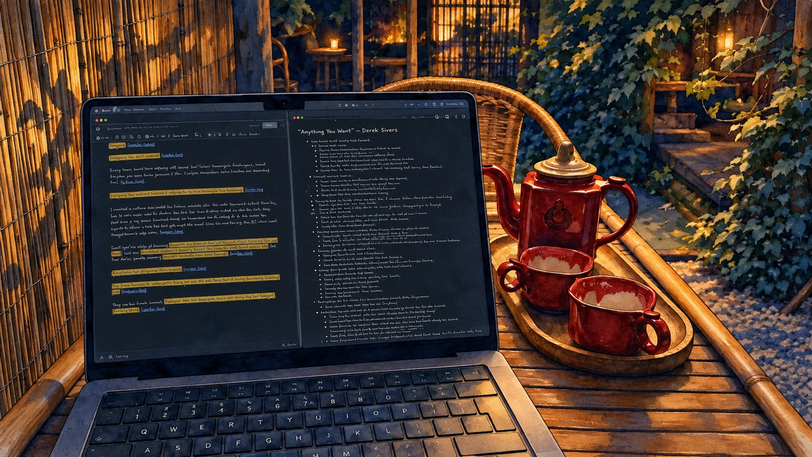 Ilustracja tuszem i akwarelą: Laptop z notatkami z książki Anything You Want, obok filiżanki i dzbanka herbaty